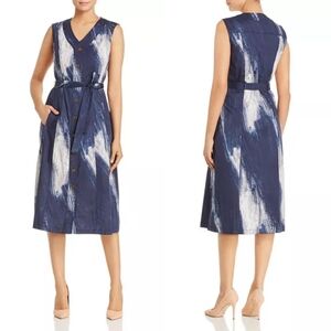 DONNA KARAN Navy Belted Brushstroke Print Dress XL.